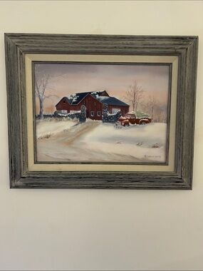 Winter Barn Landscape Wall Art - Red & Gray Framed Print